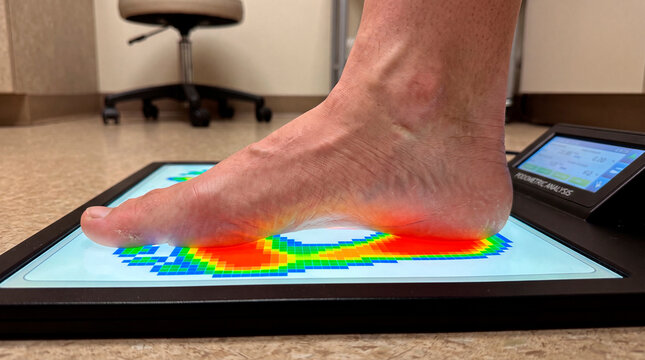 Floor level view of collapsed flatfoot on podometric mat during assessment
