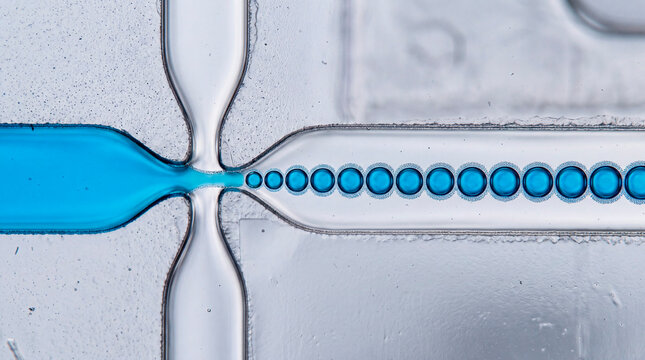 Microscopic view of droplet formation in PDMS microfluidic device with blue fluid