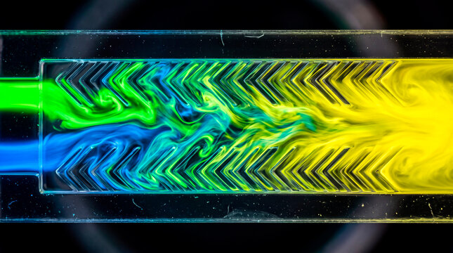 Photorealistic high speed micrograph of fluorescent reactants mixing in microfluidic herringbone channel
