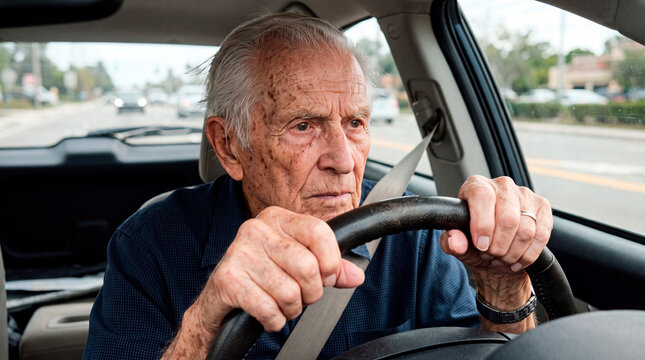 Elderly man driving a mid-sized sedan with focused expression on a busy road