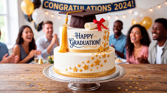 Graduation cake design featuring a chocolate mortarboard and diploma at a celebration event