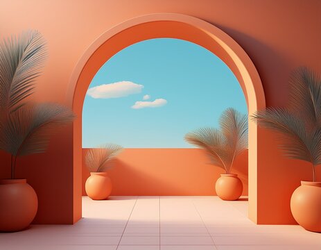 a simple terracotta arch opening to a bright blue sky minimalist 3d flat style soft shadows mediterranean vibe