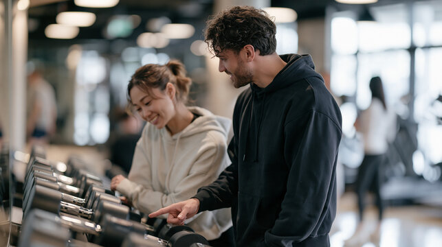 A man and woman at a gym whispering beside a rack of dumbbells, both glancing discreetly toward another gym member across the room, fitness center gossip and gym social dynamics