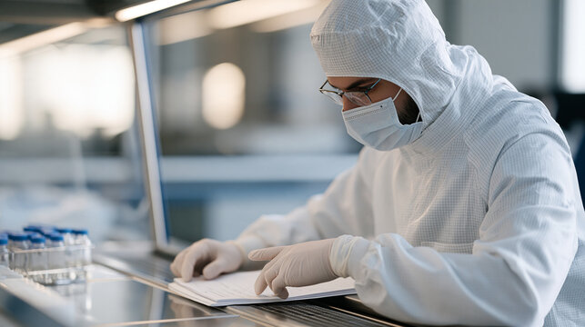 Polish hospital pharmacist in full cleanroom gown preparing chemotherapy infusions inside a biological safety cabinet, double-checking oncology protocol printout, high-stakes