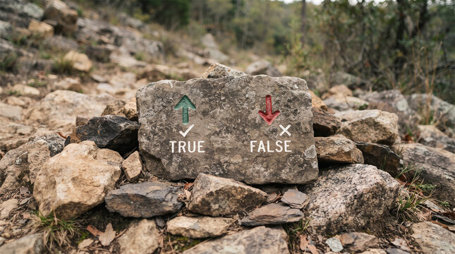 Stone marker in a rocky outdoor environment displays 'TRUE' with an upward green arrow and 'FALSE' with a downward red arrow, symbolizing choice and direction.
