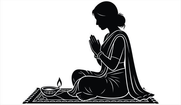 Indian woman praying with Diya lamp silhouette vector art
