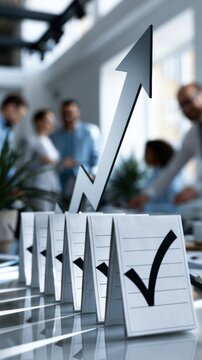 Conceptual image of success and growth with checklist cards and an upward arrow symbolizing achievement and progress in a modern office environment