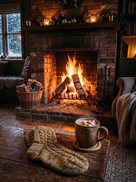 Warm fire burning inside a rustic brick fireplace in a cozy cabin living room. Enjoying a hot drink and woolen socks on a chilly winter day. Candles, fire and hygge comfort and relaxation lifestyle.