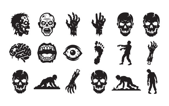 Zombie icons set contains undead creatures skulls brains and walking corpses for horror gaming art.