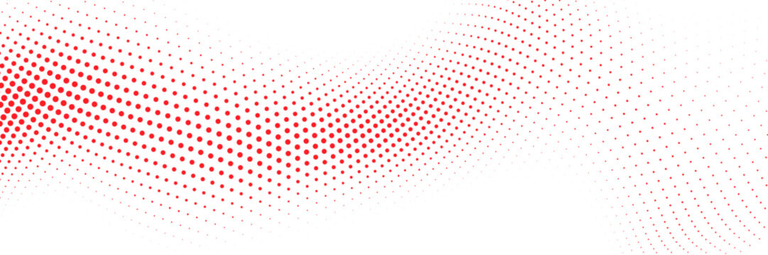 Red halftone dot wave background with flowing circular particles, ideal for advertising banners, sports posters, website headers, music artwork, social media graphics and modern branding