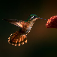 Obraz premium Hummingbird in Flight beside a Red Blossom