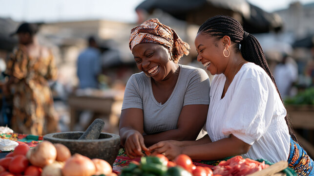 Nigerian market vendor women pausing mid-transaction to gossip animatedly over colorful stalls, leaning close with wide smiles and raised eyebrows, community rumor and social