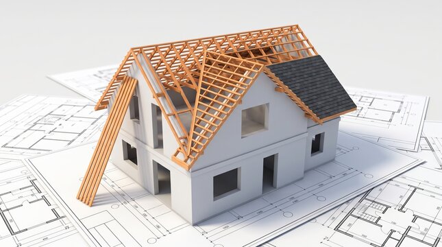 House under construction with wooden roof frame on architectural blueprints building project real estate housing development wooden framing home building construction site blueprint plan