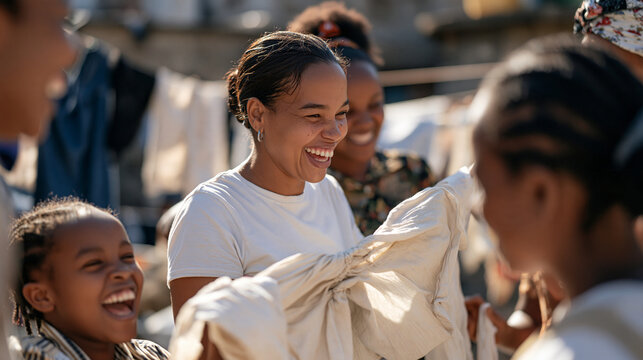 Kenyan women in a communal laundry area chatting and laughing together while hanging clothes, one dramatically mimicking someone with gestures as others react with delight, social