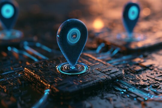 Glowing blue location pins and connection lines on a digital map