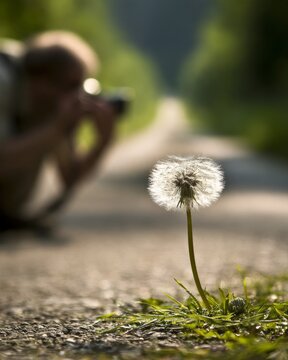 Photographer crouching to get a low-angle shot of a flower