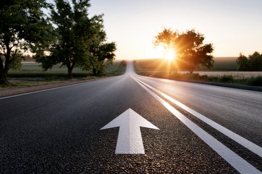 Empty rural road with a forward arrow painted on asphalt stretching towards the horizon at sunrise with trees and fields on both sides