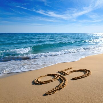 Peaceful morning beach scene with calm ocean waves and 95 written in sand under clear blue sky and sunlight reflection on water surface