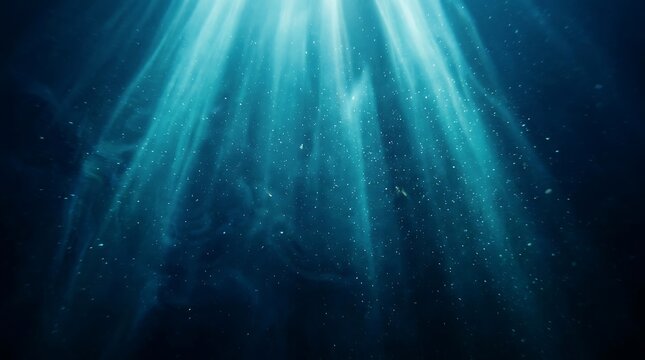 Bright light rays shining down through deep blue water with floating particles