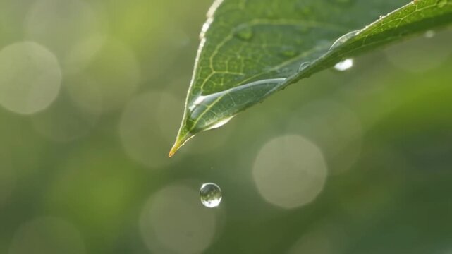 Fresh morning dew drop dripping from a green leaf tip in nature