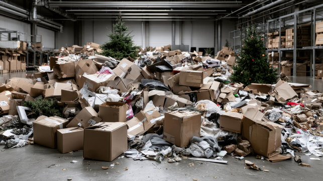 Large pile of damaged returned holiday products and cardboard boxes with christmas trees inside a warehouse