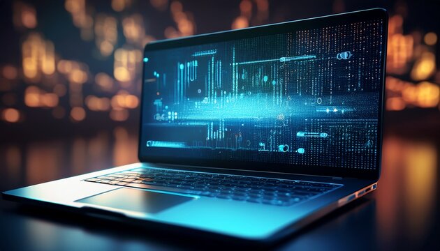 binary code data bit screen display on laptop computer screen matrix of data flow rise of the big data ai age artificial intelligence data transfer