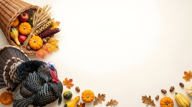 Thanksgiving background featuring a cornucopia filled with autumn harvest vegetables and a turkey on a light surface