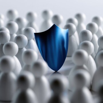 Blue metallic shield symbolizing protection and security amidst a crowd of white minimalist human figures representing safety and defense in community settings