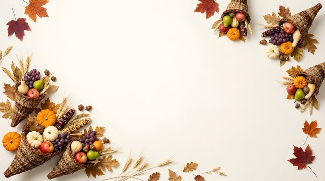Festive autumn background featuring decorative cornucopias with pumpkins and colorful fall leaves on a light neutral surface
