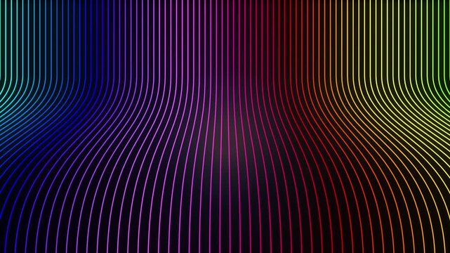 Abstract neon line background motion graphics, colorful bent light striped grid floor video, glowing spectrum curved stripes loop