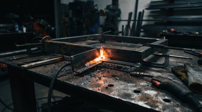 Half-welded steel frame on a metal fabrication workbench with glowing weld seam and scattered slag in a dim workshop