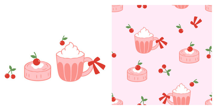 Cute seamless cherry dessert pattern featuring red cherries, pink cream cake, whipped cream drink cups and ribbon bows on a soft pastel pink background in playful flat vector. 