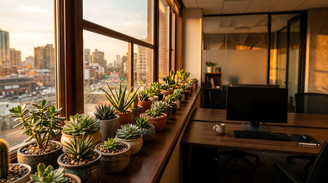 A cinematic wide shot of a row of potted succulent plants on a windowsill in an office overlooking a city skyline at sunset