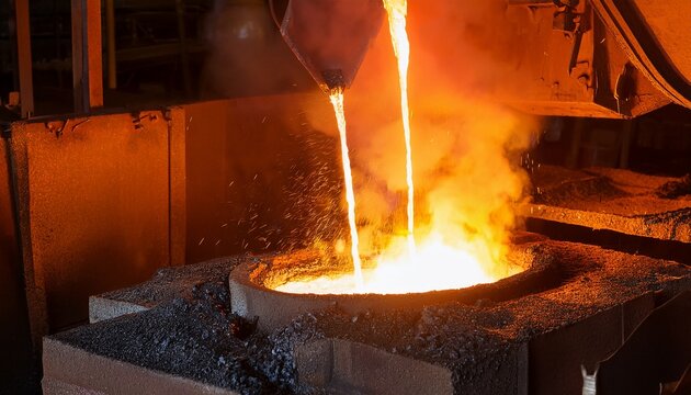 molten metal pours into a furnace filled with coke and slag in a foundry industrial scene