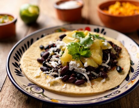 oaxacan tlayuda taco spread with black beans and quesillo eye level shot stock food photography