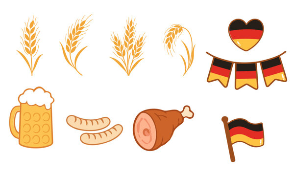 German festival food and decoration collection featuring golden wheat, beer mug, traditional sausages, roasted ham, heart and flag ornaments in black red and gold flat vector style.