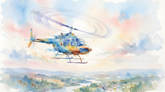 Blue and orange helicopter flying over a scenic valley landscape