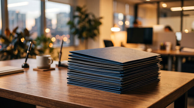 A close-up view of a tall stack of dark blue presentation folders resting on a wooden office desk, with a blurred background, of a workspace, and city window view