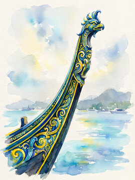 Ornate carved boat prow with a mythical bird figurehead on the water