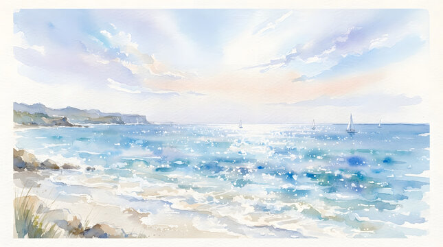Watercolor seascape painting of a sunny ocean beach