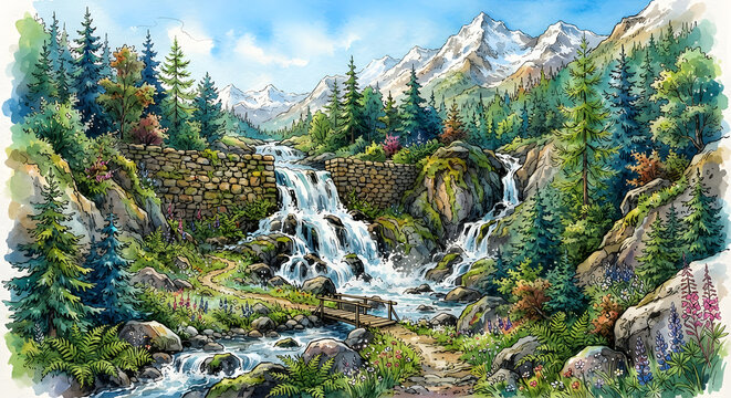 An Alpine Mountain Waterfall and Meadow