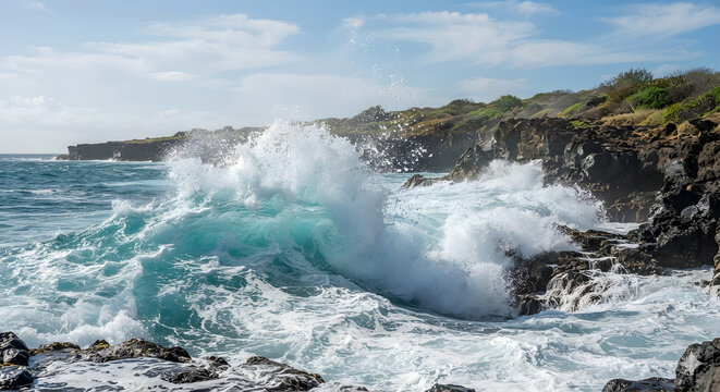 Ocean waves crashing against rocky coastal cliffs