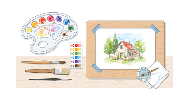 Watercolor painting flat lay with art supplies and country house sketch