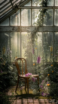 Abandoned Greenhouse with Wild Flowers and Antique Chair