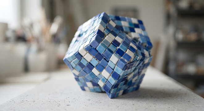 Blue and white ceramic mosaic geometric sculpture