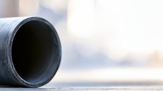 Industrial metal pipe laying horizontally with soft focus background and natural light creating a minimalist and modern composition