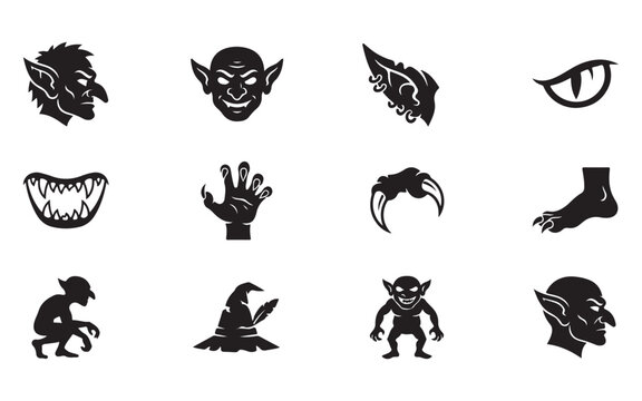 Goblin and orc creature head collection with fantasy monster body parts and witch hat silhouette art.