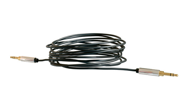 Coiled black audio cable with gold-plated connectors isolated as PNG on transparent background, neatly wound form, clean product shot for tech and music themes.