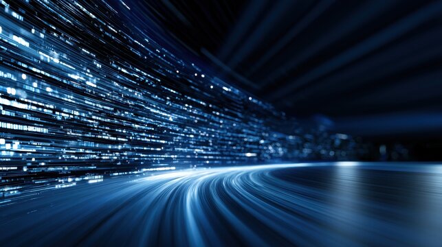 Blue futuristic digital data streams flowing along a curved path illustrating high-speed information transfer and advanced technology concepts in a dark space