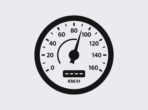 Black and white speedometer icon showing high speed in a flat vector design